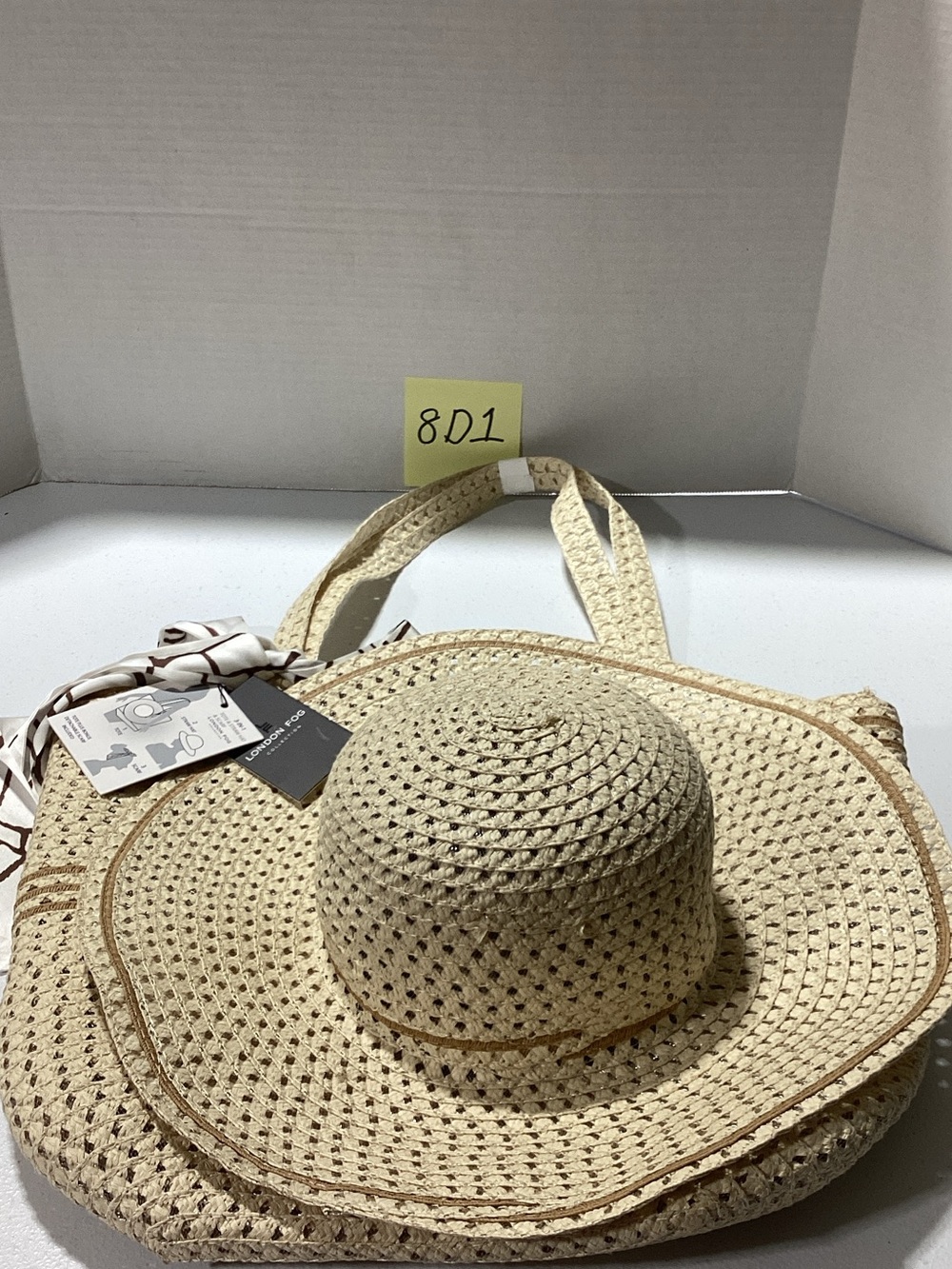 London Fog Beige Woven Hat Tote with Scarf Accent